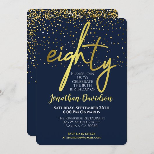 Moderne 80e verjaardag Navy Gold Kaart (Voorkant / Achterkant)