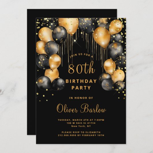 Moderne 80e verjaardagsfeest zwart goud kaart (Voorkant / Achterkant)