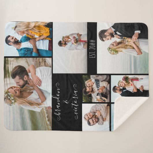Moderne 8 foto-collage Elegant Script Custom Black Sherpa Deken (Voorkant (horizontaal))