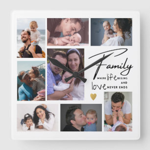 Moderne 8 foto collage familie citaat zwart & wit vierkante klok