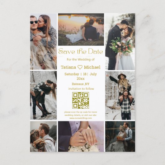 moderne 8 foto collage qr code save the date goud aankondigingskaart (Voorkant)