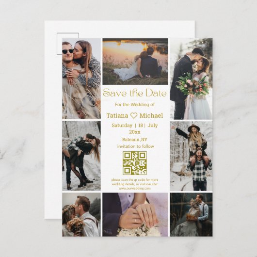 moderne 8 foto's collage qr code save the date gol aankondigingskaart (Voorkant / Achterkant)