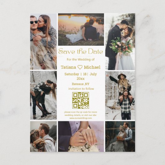 moderne 8 foto's collage qr code save the date gol aankondigingskaart (Voorkant)