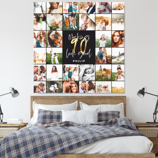 Moderne 90e verjaardag multi-foto scriptgift canvas afdruk (Insitu (Slaapkamer))