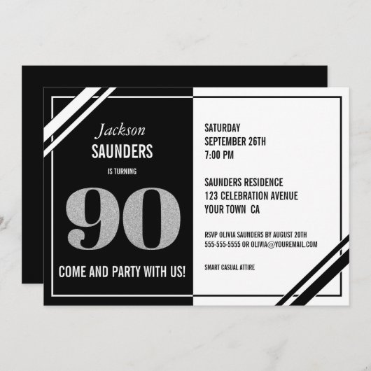 Moderne 90e verjaardag: Zwarte en Witte Partij Kaart (Voorkant / Achterkant)