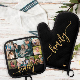Moderne 9 foto collage familie goud schrift zwart ovenwant & pannenlap set