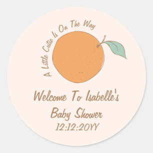 Moderne A Little Cutie Sinaasappel Baby Shower Wel Ronde Sticker