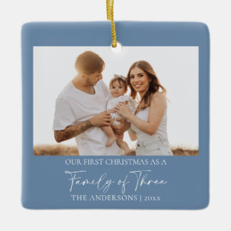 Moderne aangepaste 2 foto familie eerste kerst bla keramisch ornament