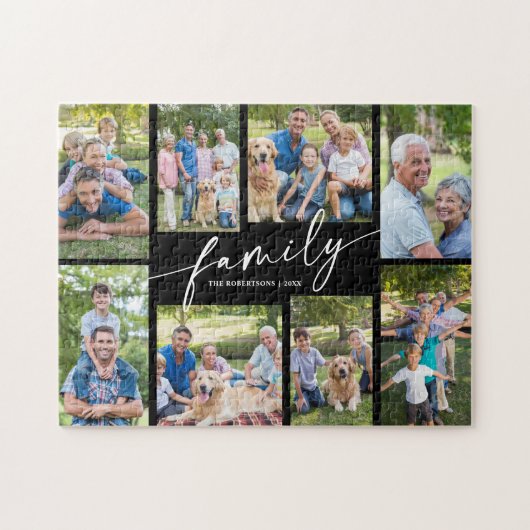 Moderne aangepaste 8 foto collage familie script legpuzzel (Horizontaal)