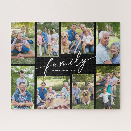 Moderne aangepaste 8 foto collage familie script legpuzzel (Horizontaal)