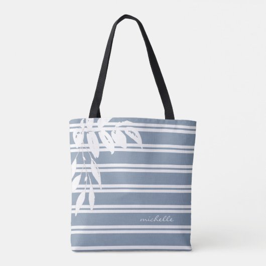 Moderne, aangepaste, blauwe streep botanisch tote bag (Achterkant)