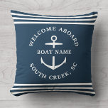 Moderne aangepaste boat Name Welcome Aboard Anchor Kussen<br><div class="desc">Moderne minimalistische aangepaste bootnaam gooi kussen in stoffig blauw met nautische strepen en anker lezen WELKOM AAN BOORD evenals de naam van jachthaven,  dok,  jachtclub of stad.</div>