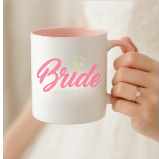Moderne aangepaste bruidsnaam roze glinsterende di mok