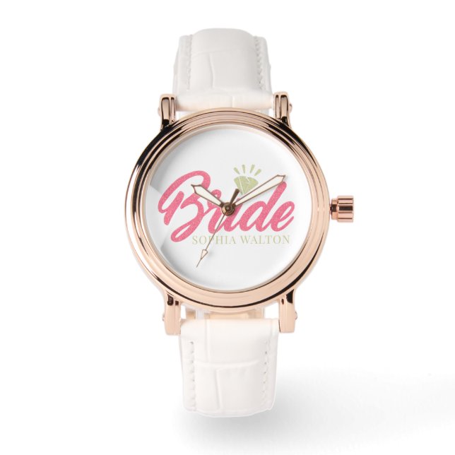 Moderne aangepaste bruidsnaam roze glitterende dia horloge (Voorkant)