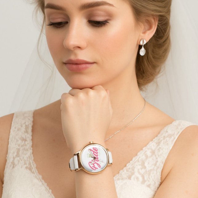 Moderne aangepaste bruidsnaam roze glitterende dia horloge (Modern elegant wedding bride watch)