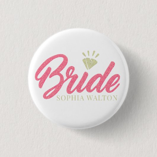 Moderne aangepaste bruidsnaam roze glitterende dia ronde button 3,2 cm (Voorkant)