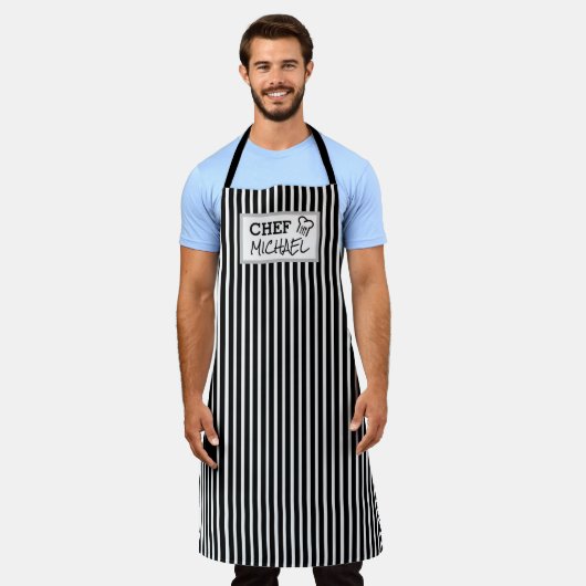 Moderne, aangepaste Chef Black Striped Schort (Gedragen)