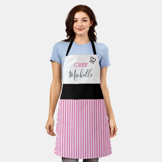 Moderne, aangepaste Chef Pink Striped Schort (Gedragen)