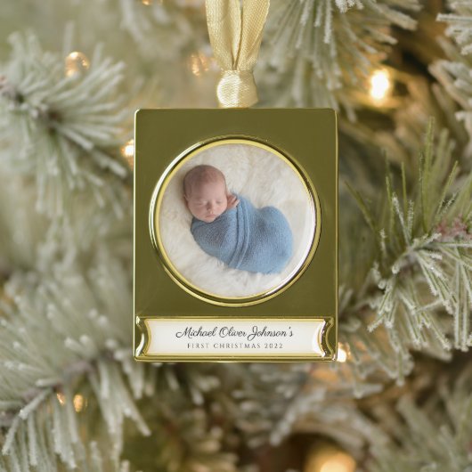 Moderne Aangepaste Eerste Kerst Foto van Baby Verguld Banner Ornament (Boom)