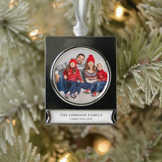 Moderne Aangepaste Familie Foto Kerstmis Verzilverd Banner Ornament (Boom)