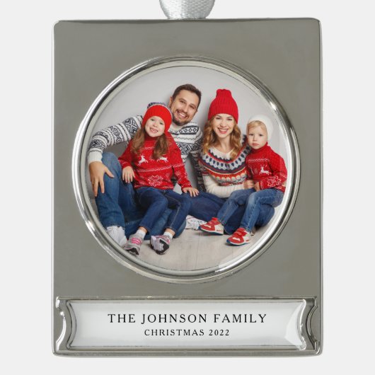 Moderne Aangepaste Familie Foto Kerstmis Verzilverd Banner Ornament (Voorkant)