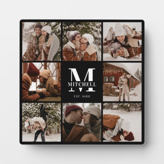 Moderne aangepaste familie fotocollage | Monogram  Fotoplaat (Voorkant)