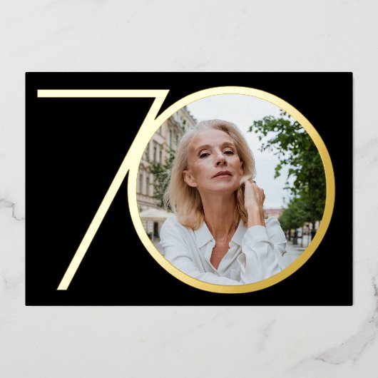 Moderne aangepaste foto chique zwart goud 70e verj folie uitnodiging (Voorkant)