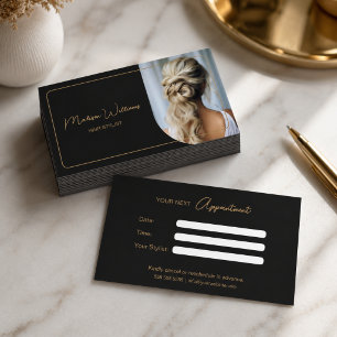 Moderne aangepaste foto haarstylist zwart en goud afsprakenkaartje