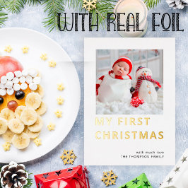 Moderne Aangepaste foto Mijn eerste Kerstmis Folie Feestdagenkaart