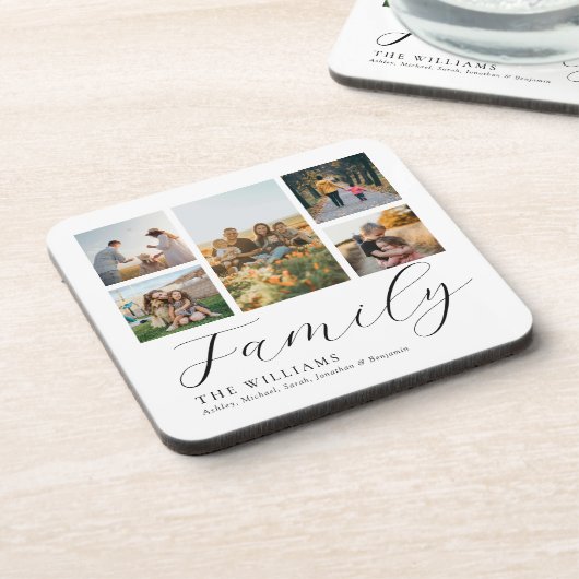 Moderne aangepaste fotocollage elegante scriptfami bier onderzetter (Linkerzijde)