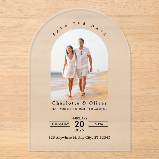 Moderne aangepaste foto's slaan de datum op acryl uitnodigingen (Voorkant)