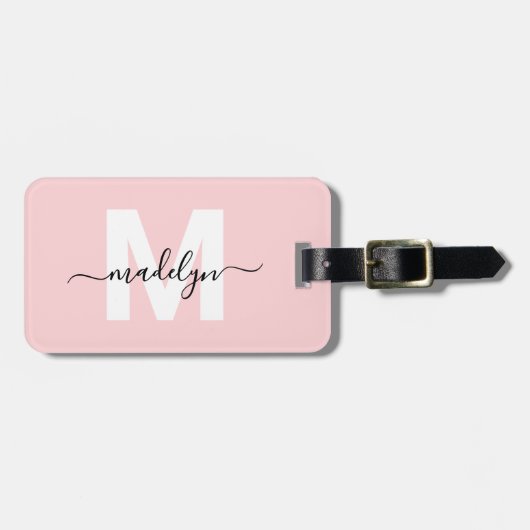 Moderne Aangepaste Girly Blush Roze Monogram Naam Bagagelabel (Voorkant horizontaal)