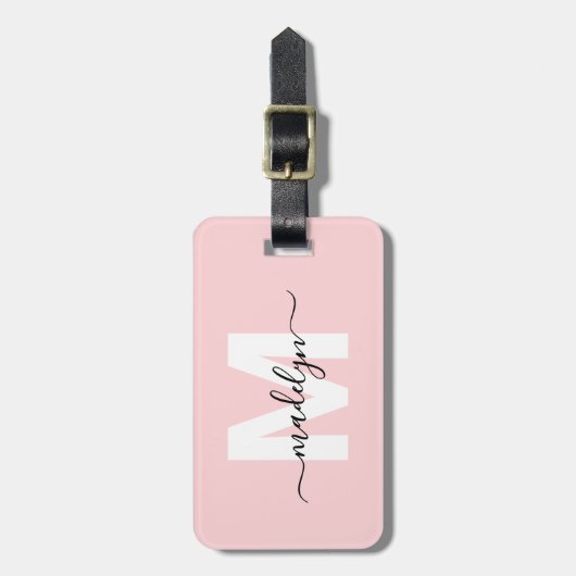 Moderne Aangepaste Girly Blush Roze Monogram Naam Bagagelabel (Voorkant verticaal)