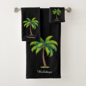 Moderne aangepaste groene palmboom & schrift op zw bad handdoek (Insitu)
