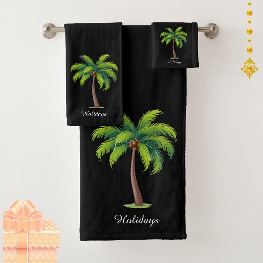 Moderne aangepaste groene palmboom & schrift op zw bad handdoek