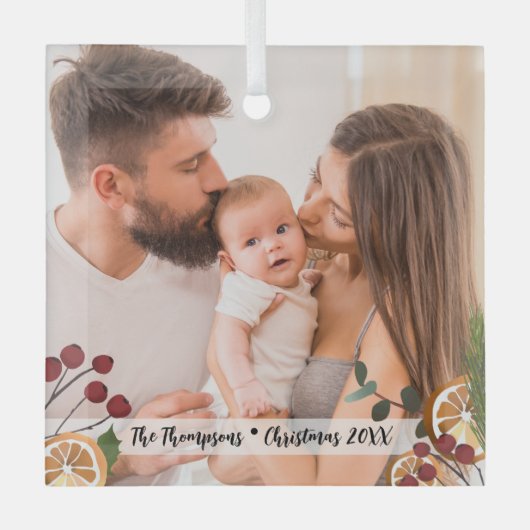 Moderne aangepaste kerst familie foto Foliage Glas Ornament (Voorkant)