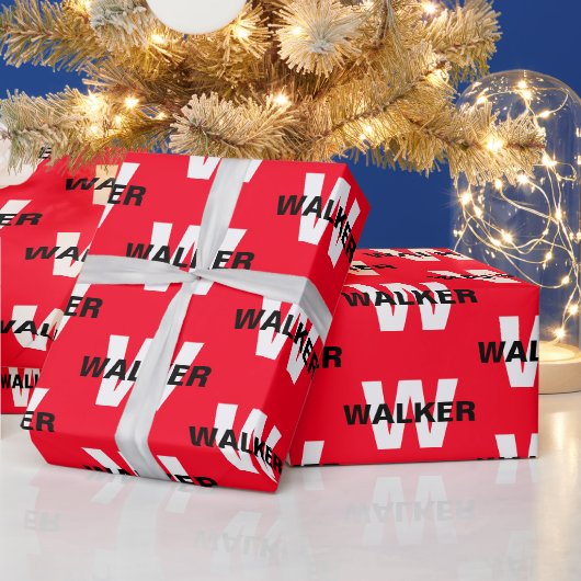 Moderne aangepaste monogram naam Bright Red Gift Cadeaupapier (Feestdagen)