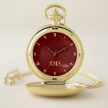 Moderne aangepaste monogrammen Elegant Classic Red Zakhorloge<br><div class="desc">Creëer uw eigen aangepaste, gepersonaliseerde, stijlvolle moderne, elegante faux gouden scripttypografie monogrammed, klassiek, roman numerals, chic, premium alloy, red and gold zakhorloge. Typ gewoon het type in jouw naam/monogram/initiaal om aan te passen. Maakt een groot geschenk, voor verjaardag, afstuderen, vaders dag, kerst, feestdagen, bruiloft, huwelijk, Valentijnsdag en nog veel meer,...</div>