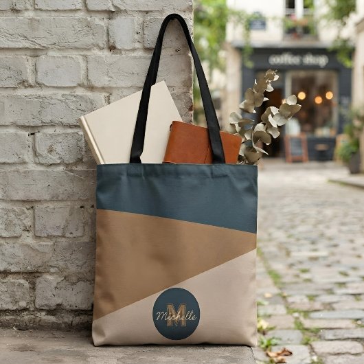 Moderne Aangepaste Naam Aardetoon Kleurenblok Mono Tote Bag
