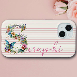 Moderne Aangepaste Naam Bloem Vlinder Initiaal Roz iPhone 15 Case