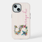 Moderne Aangepaste Naam Bloem Vlinder Initiaal Roz iPhone 15 Case (Achterkant)