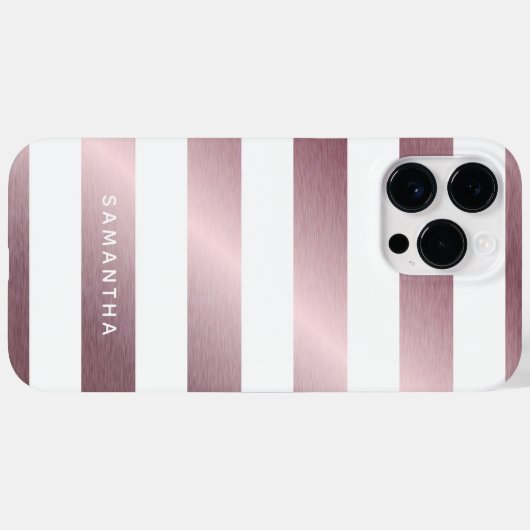 Moderne Aangepaste naam Brede Roos Gold White Stri Case-Mate iPhone Case (Achterkant (horizontaal))