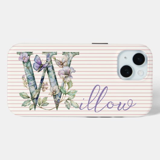 Moderne aangepaste naam Floral Butterfly Initiaal  Case-Mate iPhone Case (Achterkant (horizontaal))