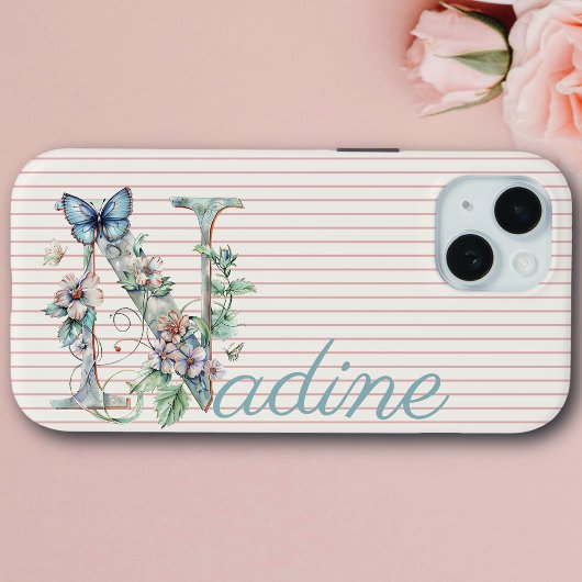 Moderne aangepaste naam Floral Butterfly Initiaal  Case-Mate iPhone Case