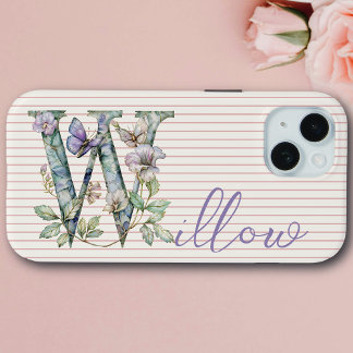 Moderne aangepaste naam Floral Butterfly Initiaal iPhone 15 Case