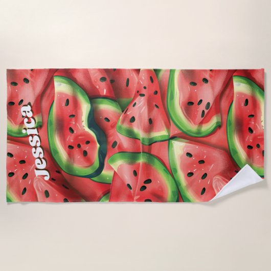 Moderne aangepaste naam Fun Watermelon Strandlaken (Voorkant)