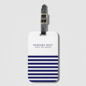 Moderne Aangepaste Naam Zeevaart Navy Blauwe Strep Bagagelabel (Voorkant (verticaal))