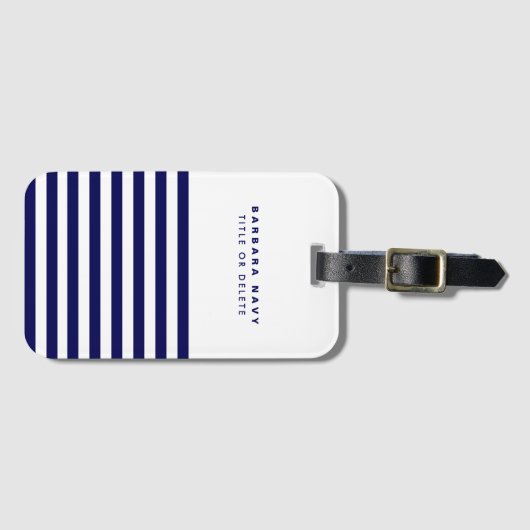 Moderne Aangepaste Naam Zeevaart Navy Blauwe Strep Bagagelabel (Voorkant (horizontaal))