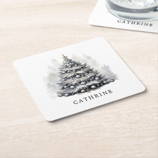 Moderne aangepaste naam Zwart & Wit Kerstboom Kartonnen Onderzetters (Schuin)