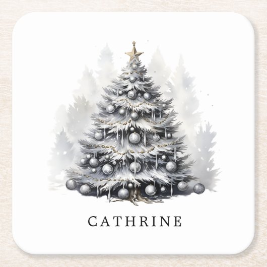 Moderne aangepaste naam Zwart & Wit Kerstboom Kartonnen Onderzetters (Voorkant)